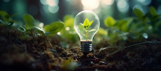 Tree seeds in a light bulb against a green forest backdrop, symbolizing eco-technology, green business, innovation in eco-industries, and renewable energy. - obrazy, fototapety, plakaty