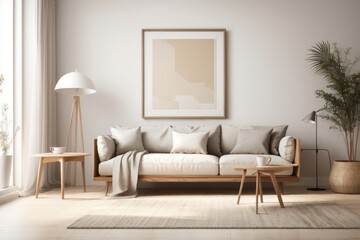 Fototapeta na wymiar Scandinavian interior home design of living room with wood sofa and blank poster frame mockup