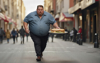 Overweight man running with a plate of food. Unhealthy diet and junk food concept. Bad nutrition idea. Copy space.