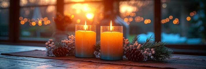 Stylish Table Setting Burning Candles Christmas, Background HD, Illustrations