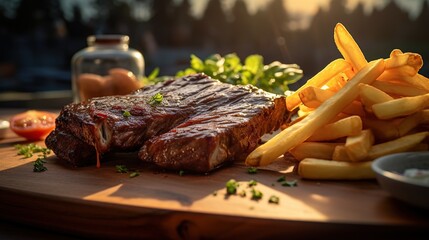 background of ribs with french fries - obrazy, fototapety, plakaty