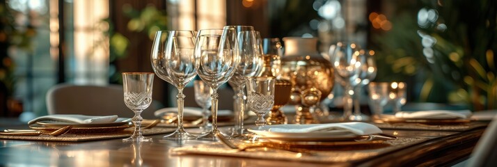 Fototapeta na wymiar Table Served Golden Cutlery Crystal Glass, Background HD, Illustrations