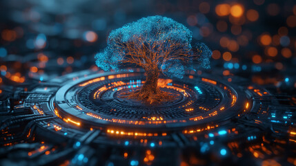 A tree growing on a digital neon circle.