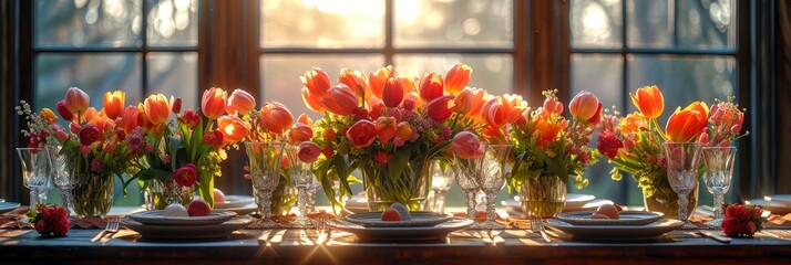 Fototapeta na wymiar Table Setting Easter Dinner Tulips Eggs, Background HD, Illustrations