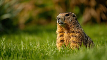 Naklejka na ściany i meble Marmot (Groundhog) Standing In Alarm Position On Blossoming Pasture Illustration