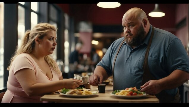 Overweight Couple Ordering Food In A Restaurant. Unhealthy Diet And Junk Food Concept. Bad Nutrition Idea. Copy Space.