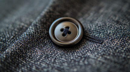Sewing button close-up on textured fabric.