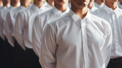 Row of uniformed men in white shirts.