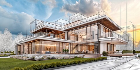 3D rendering of a luxurious villa with contrasting realistic rendering and wireframe copy space