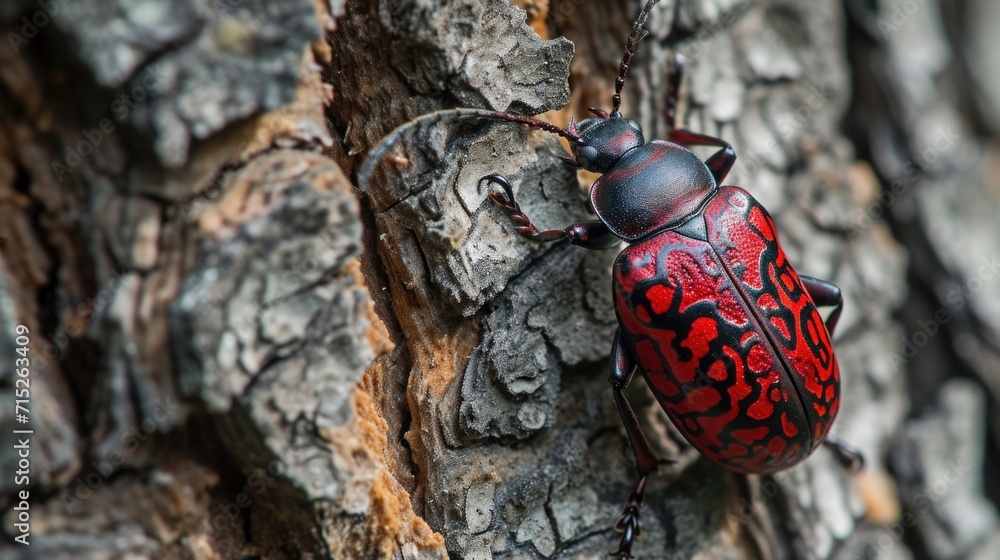 Poster closeup of a metallic red beetle with intricate patterns on its back making its way up the rugged ba
