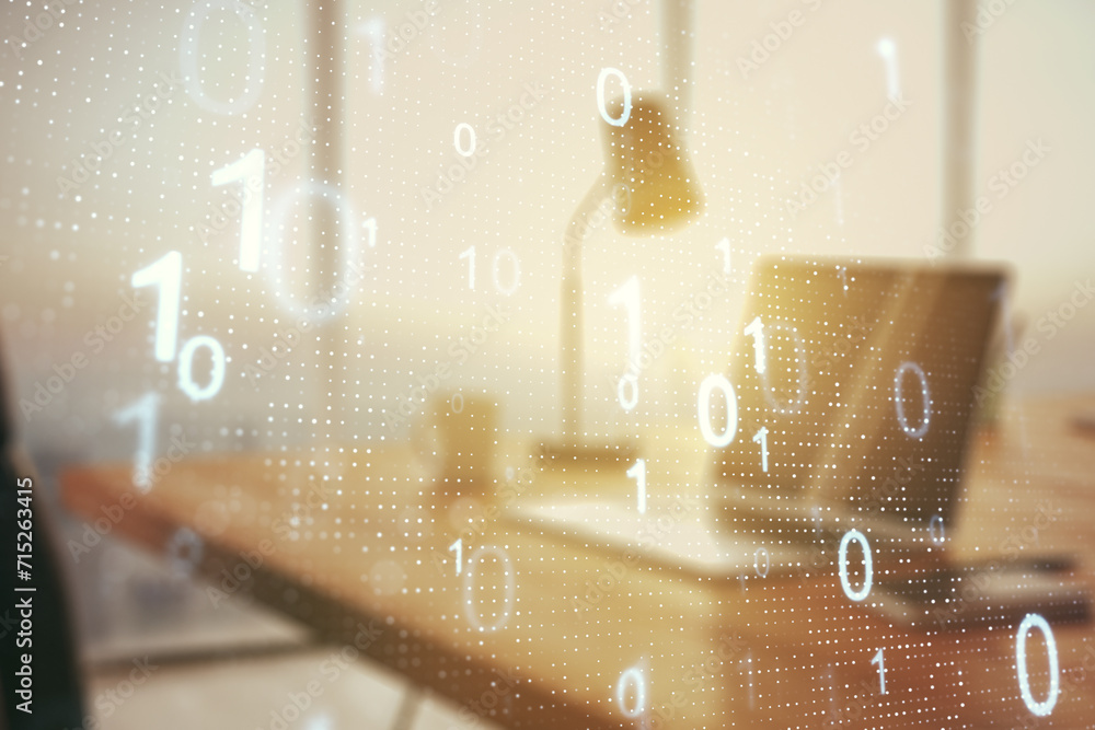 Leinwandbilder creative abstract binary code sketch on modern laptop background, hacking and matrix concept. multie