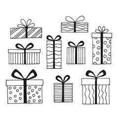 Set with gift box with different bows. Hand drawn vector illustration.