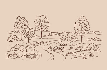 Rural landscape with road and tree. Hand drawn illustration converted to vector.