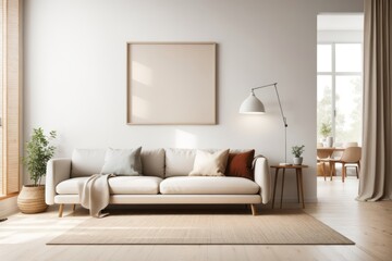 Scandinavian interior home design of living room with wood sofa and blank poster frame mockup