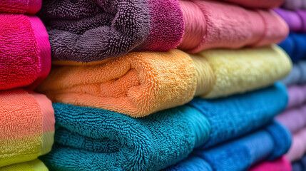 Stacks of colorful towels on display. - obrazy, fototapety, plakaty