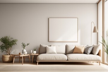 Scandinavian interior home design of living room with wood sofa and blank poster frame mockup