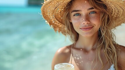 On the beach, an exquisite young woman with a summer hat sipping coconut juice, space, Generative AI.