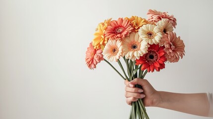 One woman's hand holding daisy blossoms on a white backdrop, a big copy space, Generative AI.