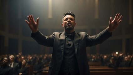 Preacher in a church preaching with to a flock with hands raised high in the air. Theology, culture and religion concept. Copy space.