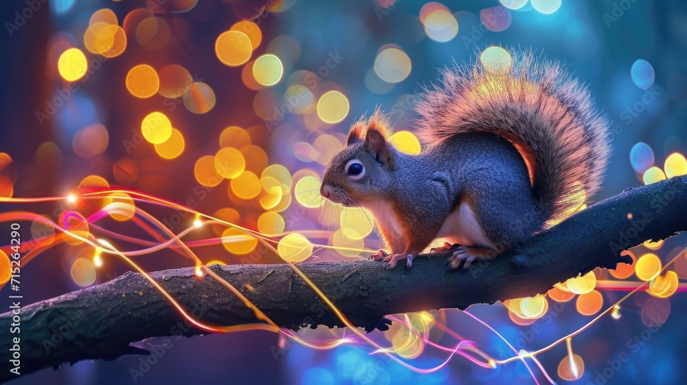 Poster closeup of a curious squirrel perched on a thin branch with the colorful glow of city lights creatin