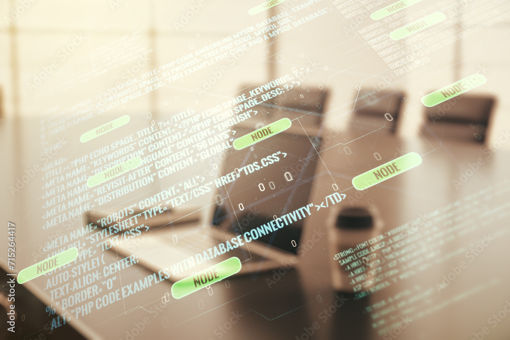 Poster abstract creative coding concept on modern laptop background. multiexposure
