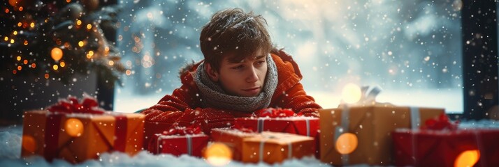 Fototapeta na wymiar Young Man Christmas Gifts On White, Background HD, Illustrations