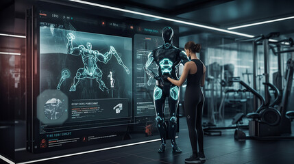 A robotic fitness coach in a gym demonstrating exercise - obrazy, fototapety, plakaty