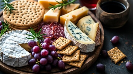 Wooden table adorned with assorted cheeses, grapes, and artisanal crackers. - obrazy, fototapety, plakaty