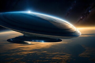 Obraz premium In the vast cosmic expanse, envision a UFO saucer majestically hovering over Earth, casting a soft, ethereal glow upon the planet.