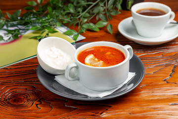 Solyanka soup with sour cream. Dinner.