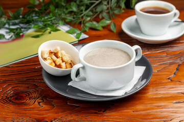 Mushroom puree soup with croutons. Dinner.