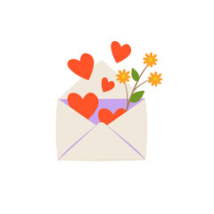 Valentine day greeting card with love message. Envelope and red hearts on white backgroun, flat vector illustration
