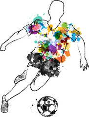 Obraz premium Soccer player in action, kicking ball for winning goal. Abstract vector illustration from rainbow paint splashes and black silhouettes.