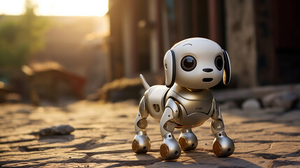 a small cute robotic dog with advanced AI playing fetch and responding to voice commands