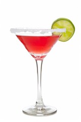 Cosmopolitan cocktail with a salted rim and lime wedge isolated on white background
