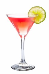 Cosmopolitan cocktail with lime in a martini glass isolated on white background