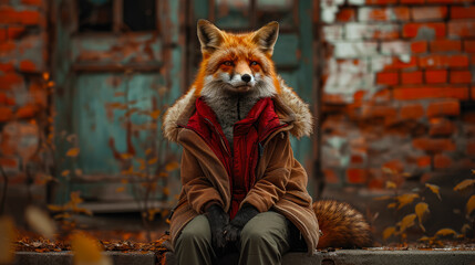 Fototapeta na wymiar Fashionable red fox traverses city streets in tailored elegance, epitomizing street style. The realistic urban backdrop frames this vulpine beauty, seamlessly merging russet charm with contemporary fl