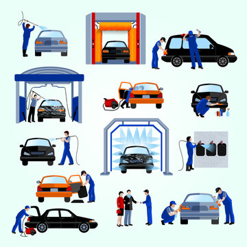 automatic car wash service station flat pictograms set