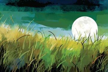 Abstract landscape with grass and moon. Generative AI