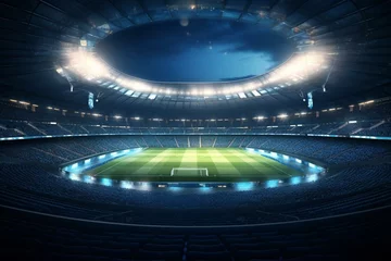 Gordijnen Background of sports stadium at night with defocused 3D lighting in football and cricket. Generative AI © Elowen