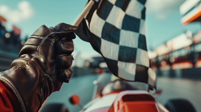 A tight closeup of a pair of gloved hands grasping a checkered flag as an intense race takes place in the background capturing the adrenalinefueled atmosphere of vintage racing