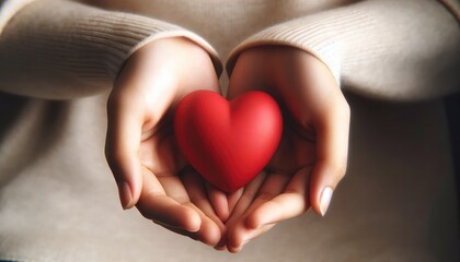 Obraz premium Hands holding a red heart, symbolizing love, care, and health awareness.