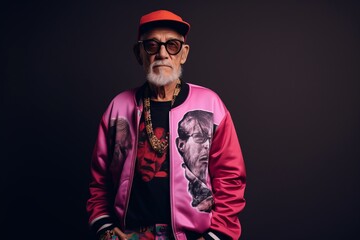 Portrait of an old man with a beard in a pink jacket and a cap.