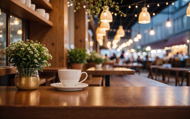 Charming coffee shop photo with a cozy table setup, perfect for cafe or restaurant decor. The background bokeh adds a touch of magic.
