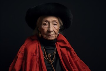 Portrait of an elderly woman in a red cape on a black background.