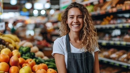 Portrait of a happy young woman worker in super shop fruits section with a big copy space, Generative AI.