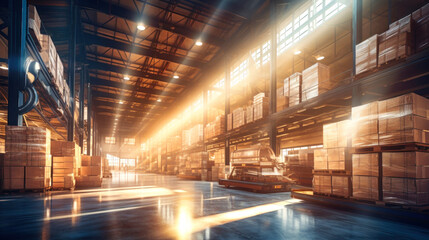 Fototapeta premium Retail warehouse full of shelves with goods in cardboard boxes and packaging. Logistics, sorting and distribution complex for product delivery.