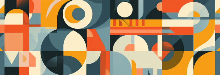 Bauhaus style background with abstract geometric patterns, a harmonious mix of bright and muted colors for visual interest