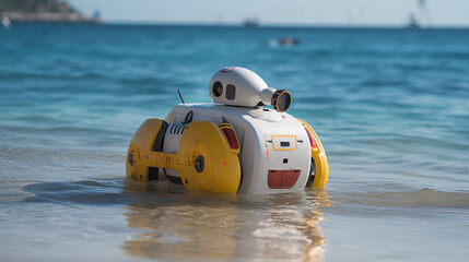 Obraz premium a smart robotic lifeguard at a beach monitoring swimmer