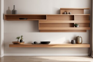 Fototapeta na wymiar Interior home design of living room with wood wall floating shelf on stucco wall